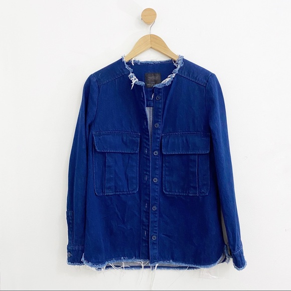 Zara Trafaluc Frayed Blue Denim Oversized Shacket Jacket - Picture 1 of 7